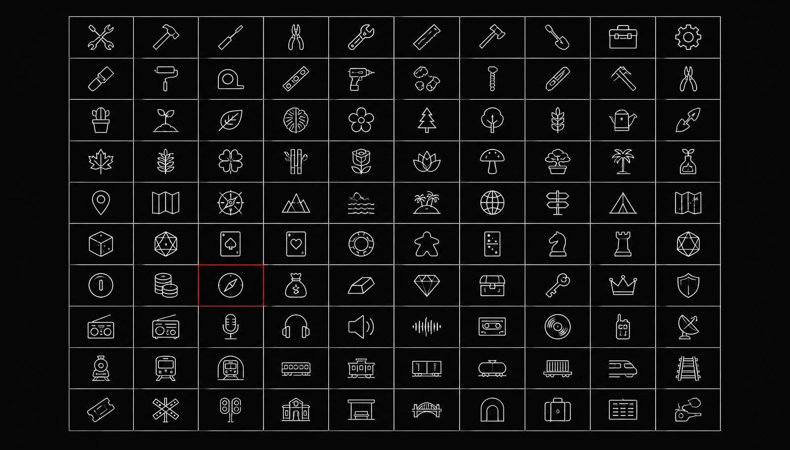 Grid of one hundred thin outlined icons on a near-black background with a single tile outlined in red.
