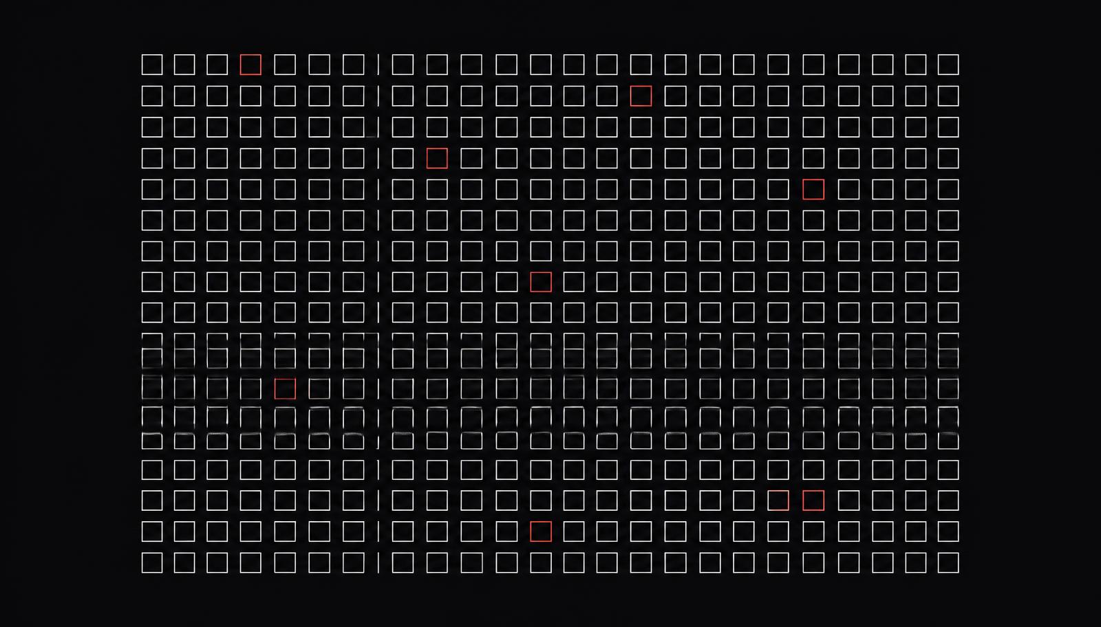 Grid of two hundred thin outlined squares on a near-black background with several outlined in red.