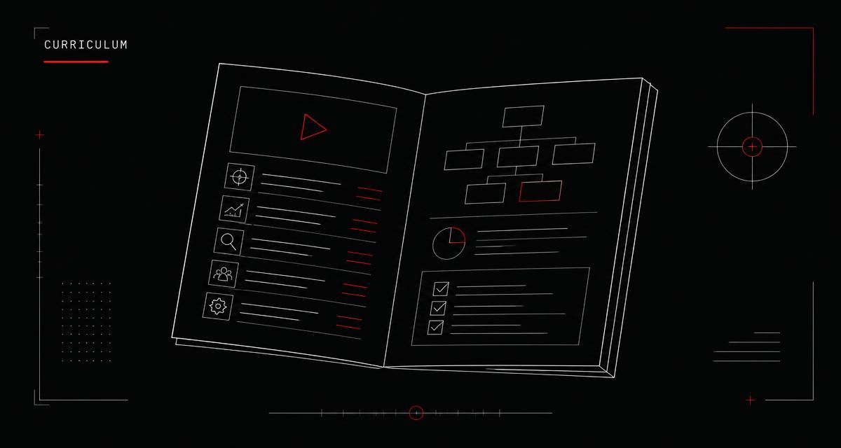 Thin outlined curriculum modules stacked on a near-black background with one module outlined in red.