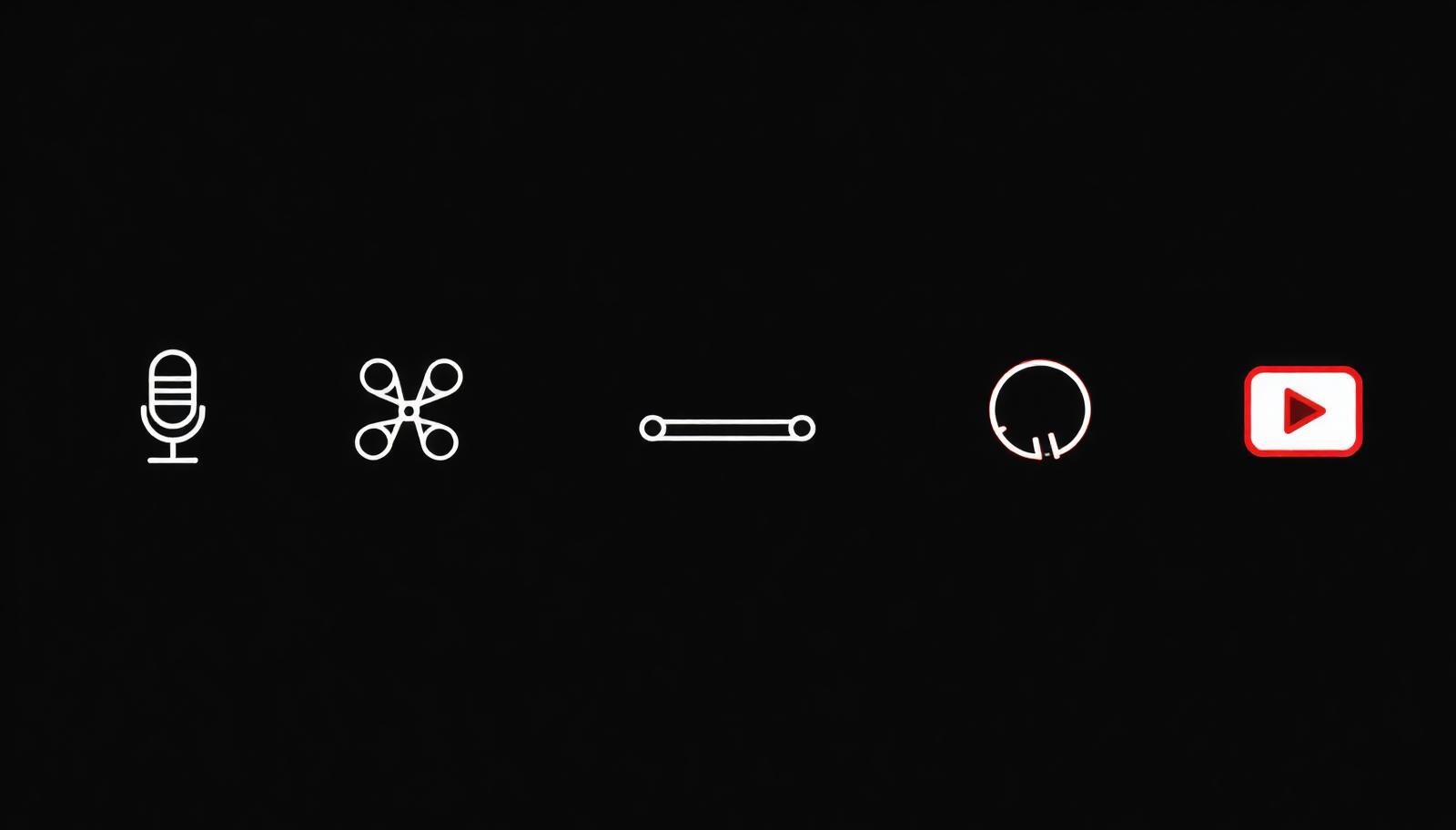Thin outlined microphone, scissors, slider and play icons on a near-black background with one icon outlined in red.