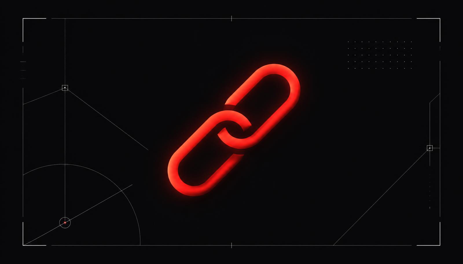 A red chain link symbol centered on a near-black background, framed by thin technical diagram lines.