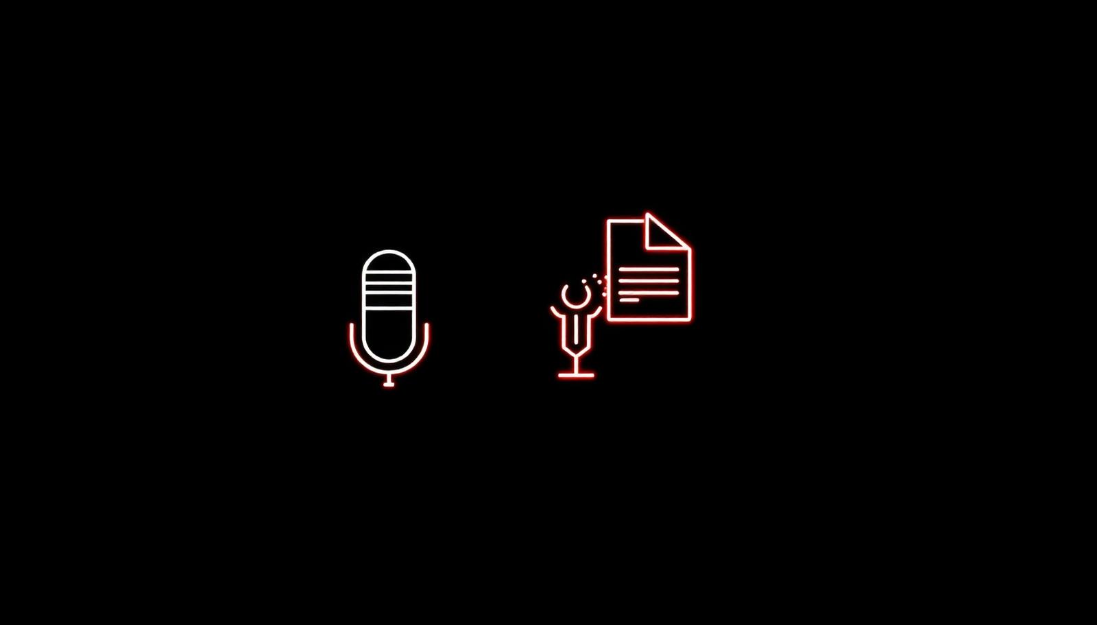 Thin outlined play button, microphone, lightbulb, and document icons on a near-black background with one icon outlined in red.