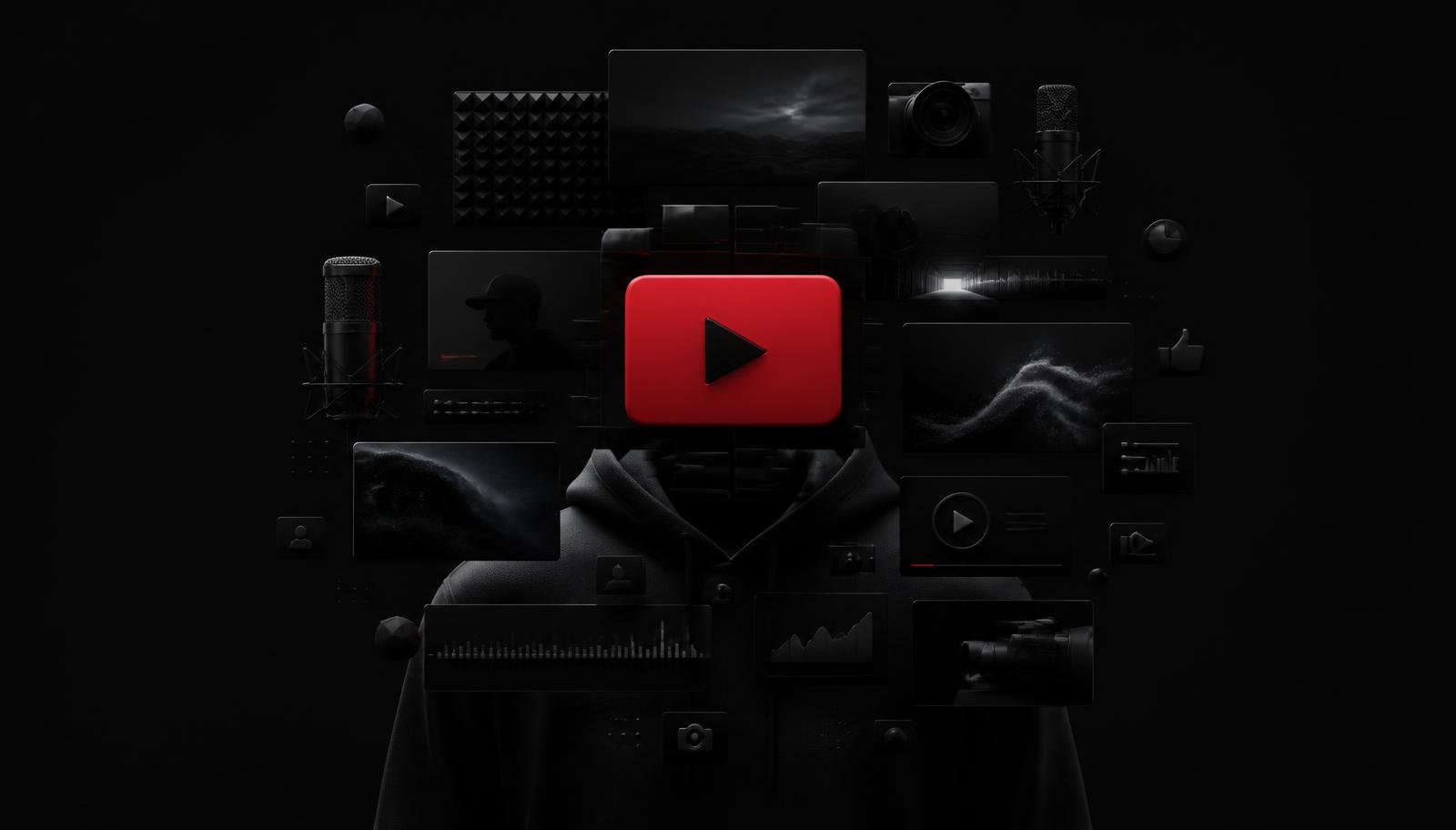 Dark editorial collage of video frames, microphones, and screens replacing a human face.