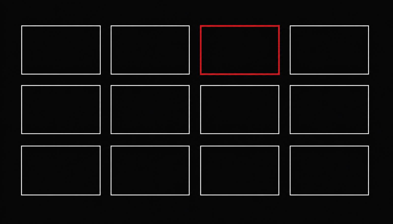 Grid of twelve thin outlined rectangles on a near-black background with one rectangle outlined in red.