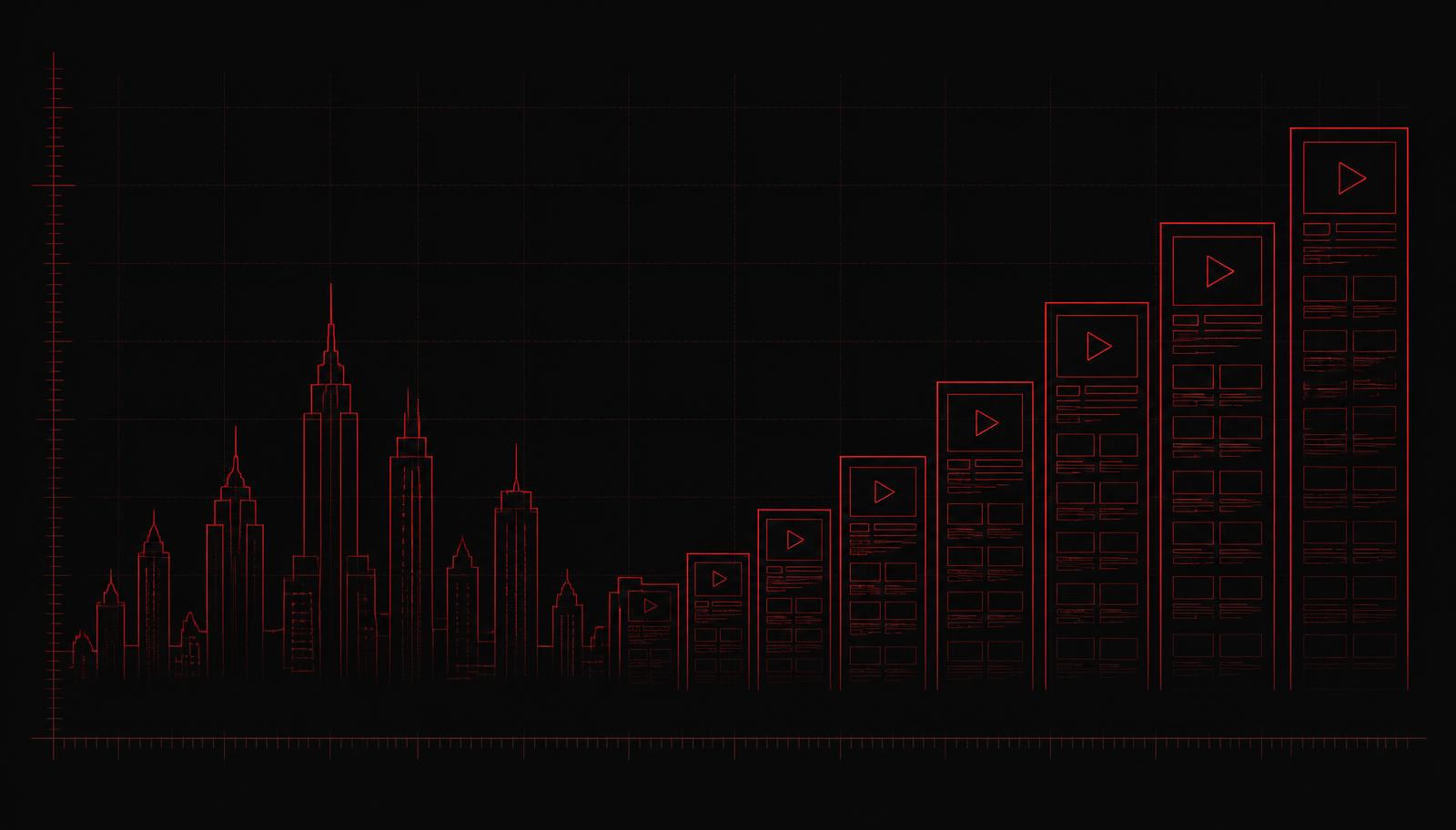 Outlined city skyline turning into a rising row of video thumbnails on a near black background.