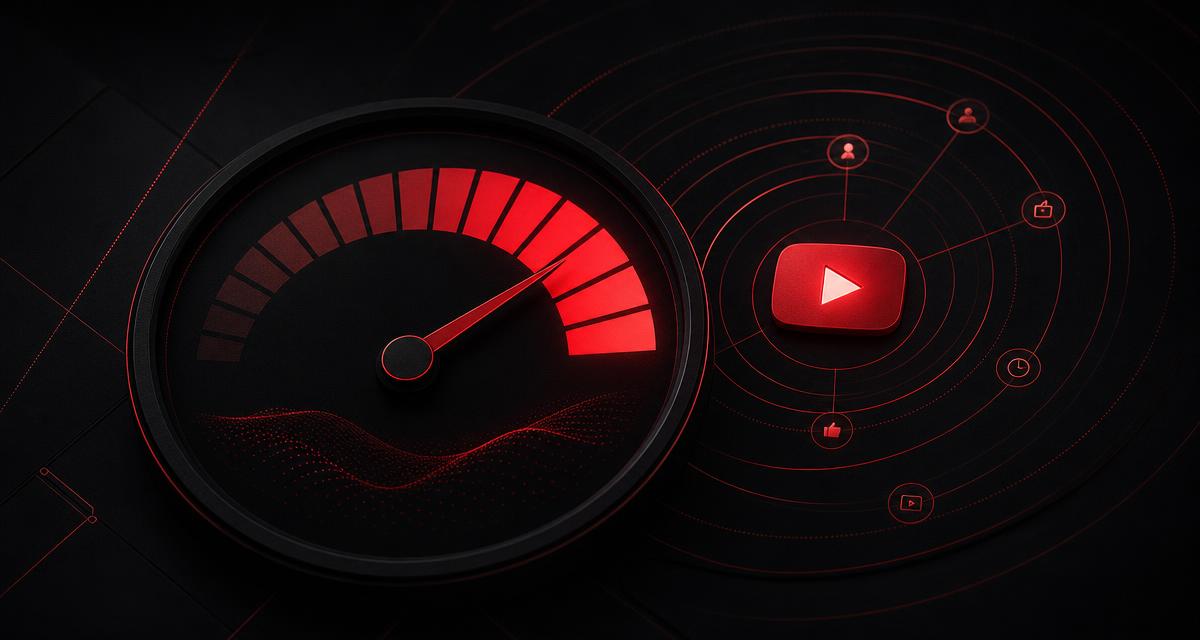 A red signal gauge and YouTube play button surrounded by concentric recommendation rings on a dark background.