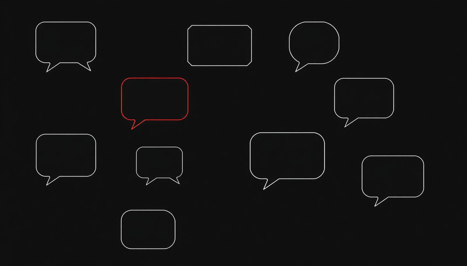 Thin outlined speech bubbles on a near-black background with one bubble outlined in red.