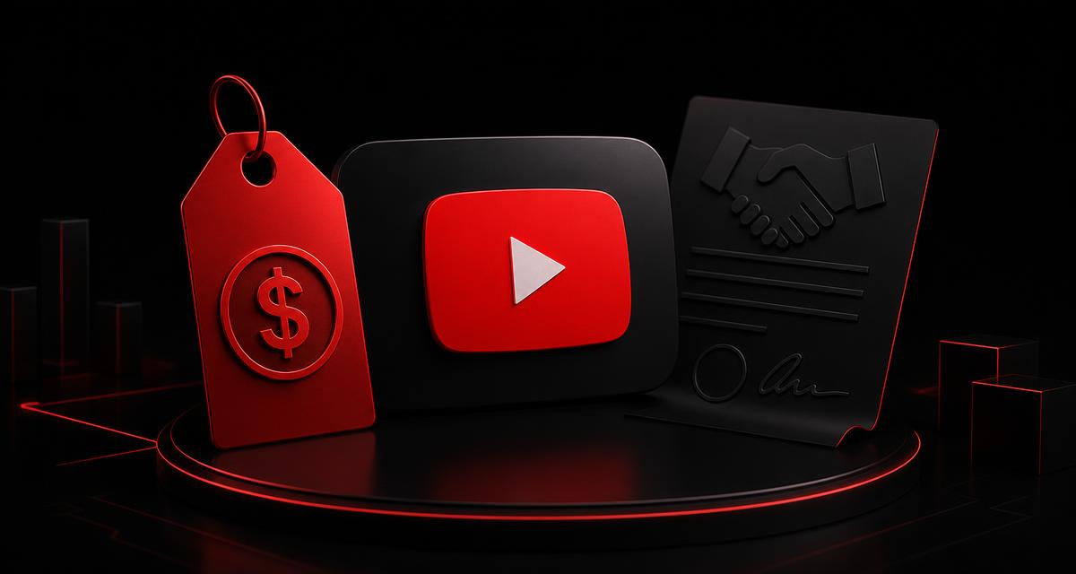A red price tag, YouTube play button, and handshake contract on a dark background, symbolizing a YouTube channel sale.
