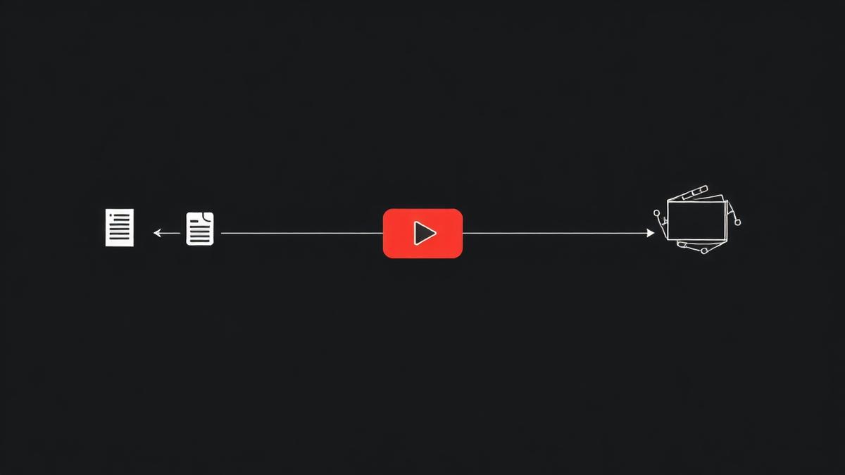 Thin outlined production pipeline diagram with a red play button node on a near-black background.
