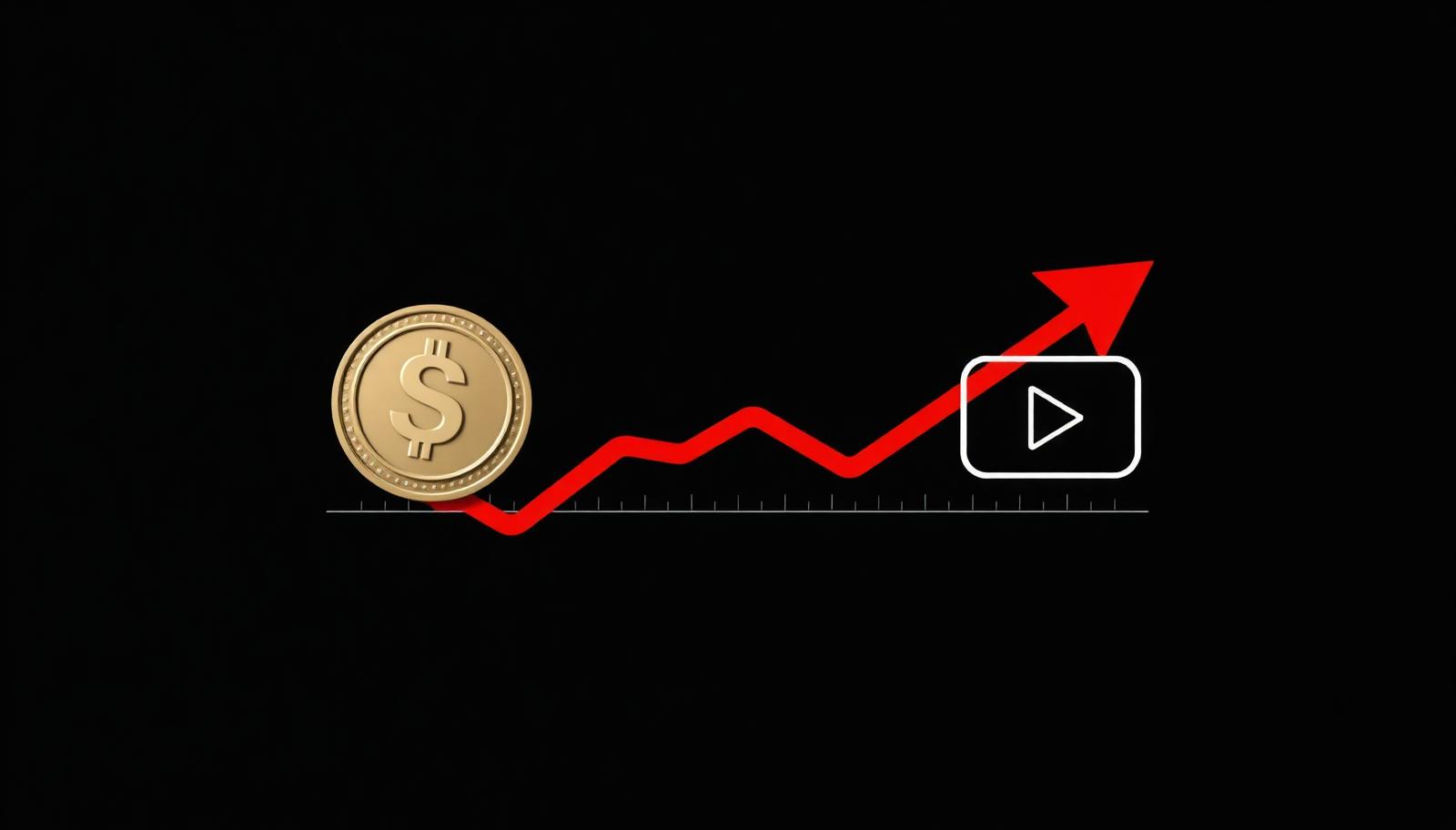 A red rising revenue arrow beside a gold coin and an outlined YouTube play button on a near-black background.
