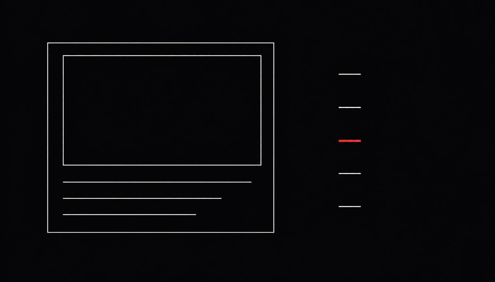 Video result card wireframe next to a short checklist with one item highlighted